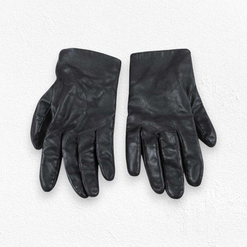 Vintage 70s Black Leather Wool Blend Lined Driving Gloves Size Small